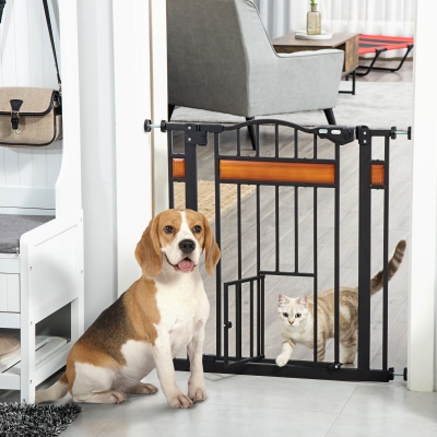 PawHut Pet Gate with Cat Door Walk Through Dog Gates, Pressure Fit, Auto Close, Double Locking for Doorways Hallways Stairs, Black