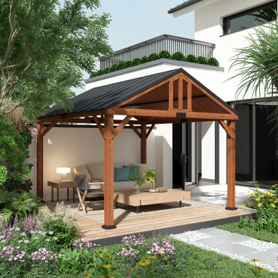 Outsunny 11' x 12' Hardtop Gazebo, Brown Wooden Frame