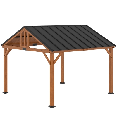 Outsunny 12' x 11' Hardtop Gazebo with Wooden Frame and Waterproof Asphalt Roof, Gazebo Canopy, for Garden, Patio, Backyard, Deck, Porch, Brown