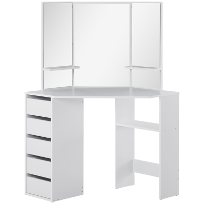 HOMCOM Corner Dressing Table, Makeup Desk with 3-piece Mirror and 5 Drawers, White