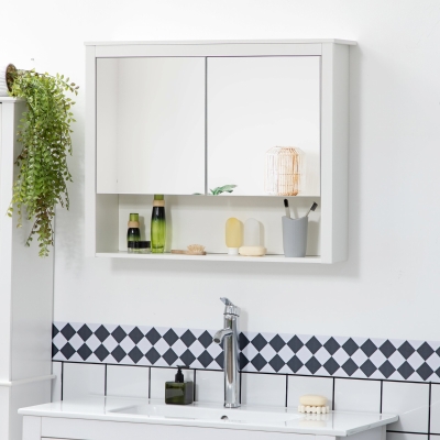 HOMCOM Wall-Mounted Medicine Mirror Cabinet with Open Storage Shelf for Living Room, Laundry Room White