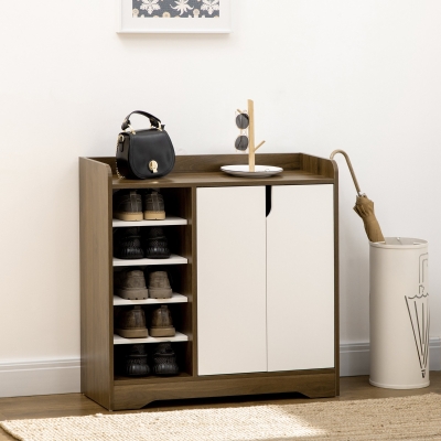 HOMCOM Shoe Storage with Double Doors and Open Shelves 13 Pair Shoe Storage Organizer for Entryway Hallway Brown and White