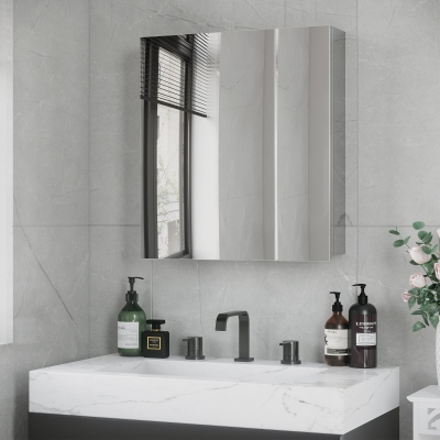 kleankin Wall Mounted Medicine Cabinet with Mirror Wall Mirror Cabinet with Hinged Doors 3-Tier Storage Shelves Silver