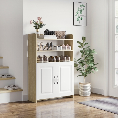 HOMCOM Shoe Storage with Double Doors and Open Shelves 12 Pair Shoe Storage Organizer for Entryway Hallway Natural and White