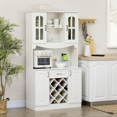 HOMCOM Kitchen Pantry Cabinet, with Hutch, Utility Drawer, 4 Door Cabinets and 6-Bottle Wine Rack, White