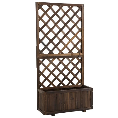 Outsunny 2.4 x 1 x 4.9 ft Garden Wooden Pine Trough Planter with Topped Trellis Climbing Plants Flower Raised Bed, Carbonized