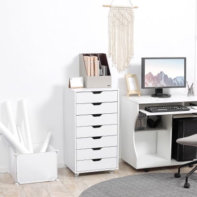Vinsetto 7-drawer Vertical File Cabinet for Home Office, Storage Cabinet with Wheels, 18.7"x15.6"x35.4", White