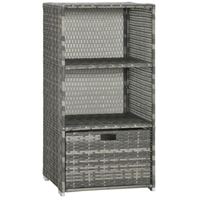 Outsunny Valet Pool Towel Rack, Waterproof PE plastic Rattan Wicker, Indoor Outdoor Spa, and Hot Tub Accessory Storage, 2 Shelves, 1 Basket Drawer, Gray