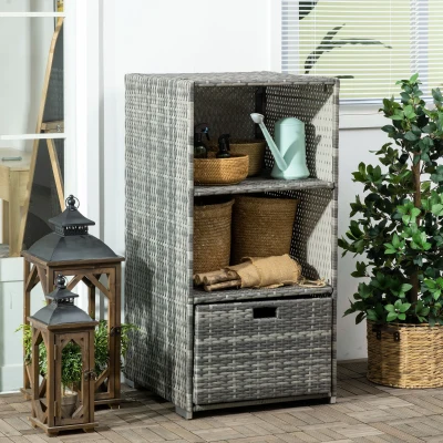 Outsunny Valet Pool Towel Rack, Rattan Wicker Organizer, Gray