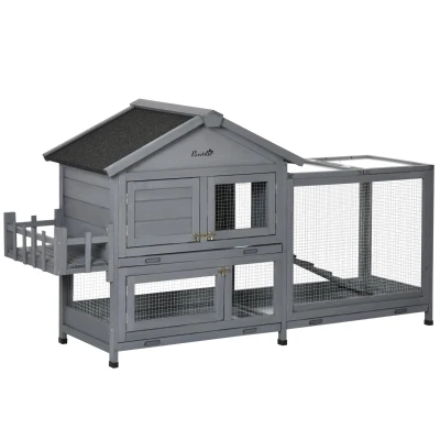 PawHut 65" Wooden Rabbit Hutch, Pet Playpen with Openable Roof, Storage Box, for Rabbits and Small Animals, Dark Grey