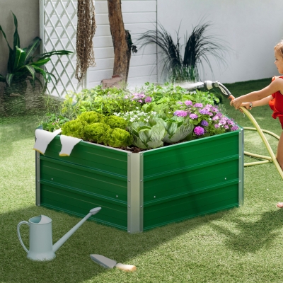 Outsunny Pentagon Raised Garden Bed, Elevated Large Metal Planter Box w/ Install Gloves for Backyard, Patio to Grow Vegetables, Herbs, and Flowers, Green