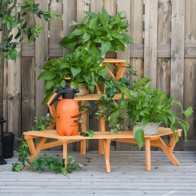 Outsunny Wooden Rustic 3-Tier Raised Corner Plant Stand Display Rack w/ Slatted Shelves