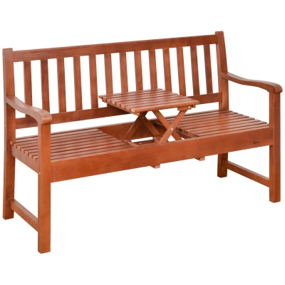 Outsunny Wooden Garden Bench with Pullout Middle Table, Outdoor Loveseat, Patio Bench for Lawn, Yard, Deck and Backyard, Dark Coffee