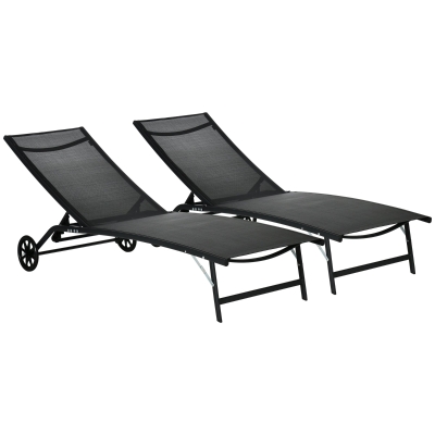 Outsunny Patio Chaise Lounge Chair Set of 2, 2 Piece Outdoor Recliner with Wheels, 5 Level Adjustable Backrest for Garden, Deck & Poolside, Black