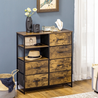 HOMCOM Industrial Kitchen Cabinet, Sideboard Storage Cabinet with 6 Fabric Drawers, 2 Open Shelves for Bedroom Living Room, Rustic Brown