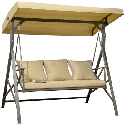 Outsunny 3-Seat Patio Swing Chair, Outdoor Canopy Swing Glider with Cushion with 3 Throw Pillows & Adjustable Shade for Porch, Garden, Poolside, Backyard, Khaki