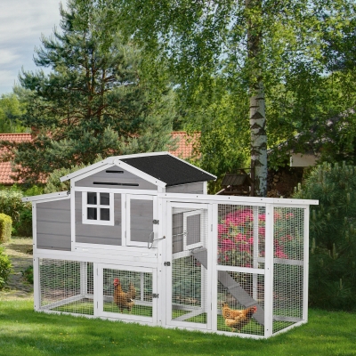 PawHut 76" Wooden Chicken Coop, Outdoor Hen House Poultry Cage with Outdoor Run, Nesting Box, Removable Tray and Lockable Doors, Grey
