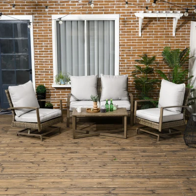 Outsunny 4-Piece Wicker Patio Set, Rocking Chairs & Loveseat, Gray
