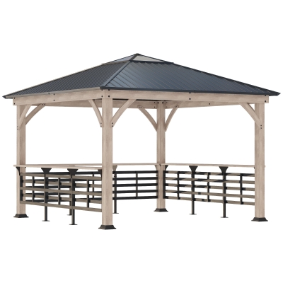 Outsunny 11' x 11' Outdoor Gazebo Grill Canopy with Bar Counters, Ceiling Hook, Metal and Acrylic Combined Roof, Wood Frame Hardtop Gazebo, for Garden, Patio, Backyard, Deck