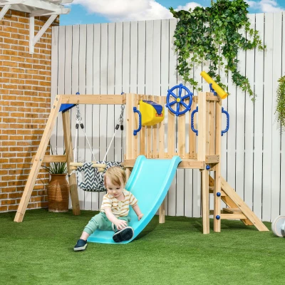 Outsunny 3-in-1 Wooden Swing Set, Outdoor Playset for Ages 1.5-4