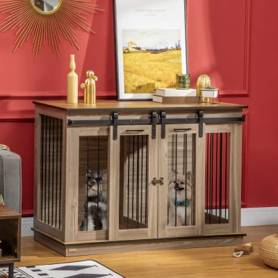 PawHut Dog Crate End Table, Oak for Large & 2 Small Dogs