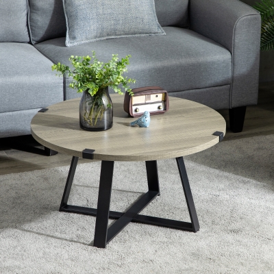 HOMCOM Round Retro Coffee Table with Steel Legs, Light Gray