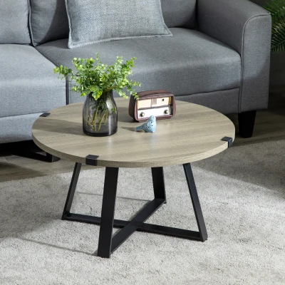 HOMCOM Round Retro Coffee Table with Steel Legs, Light Gray