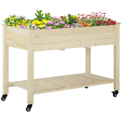 Outsunny Mobile Raised Garden Bed Elevated Wood Planter Box w/ Lockable Wheels, Storage Shelf  for Herbs Vegetables, Natural