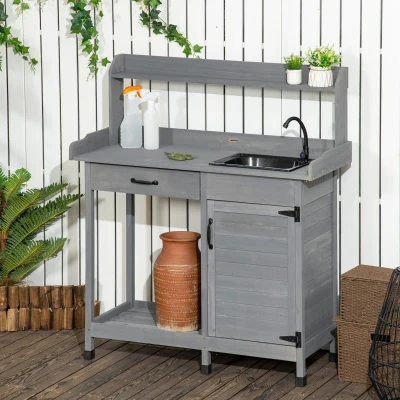 Outsunny Potting Bench Table with Sink, Outdoor Storage Cabinet