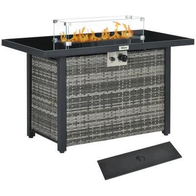 Outsunny Propane Fire Pit Table 43" Outdoor Fire Table, 50,000 BTU Pulse-Ignition Wicker Firepit Furniture with Glass Wind Guard, Blue Glass Rock, CSA Certification, Grey