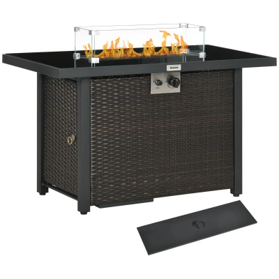 Outsunny Propane Fire Pit Table 43" Outdoor Fire Table, 50,000 BTU Pulse-Ignition Wicker Firepit Furniture with Glass Wind Guard, Blue Glass Rock, CSA Certification, Coffee