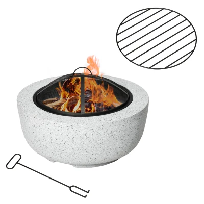 Outsunny 24" Outdoor Fire Pit with Stone Effect, Wood-burning Firepit Fireplace with Spark Screen and Poker for Backyard Camping Bonfire, Gray