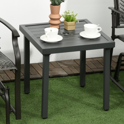 thumbnail interactive-video image 1 of Nuu Garden Black Rectangle Metal Outdoor Dining Table With Wood-Grain Tabletop, Umbrella Hole 1 of 1