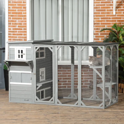 PawHut Large Outdoor Cat Enclosure, 3-Level, 45"H, Gray