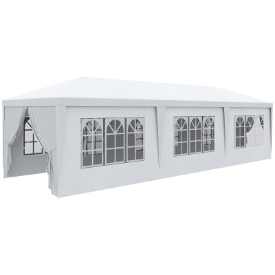 Outsunny 10' x 28' Party Gazebo Tent, Portable Folding Wedding Tent, Garden Canopy Event Shelter, Outdoor Sunshade with 8 Removable Sidewalls, White
