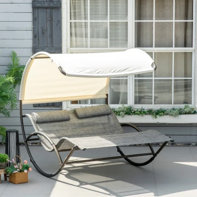 Outsunny Outdoor Double Chaise Rocking Chair with Canopy, Gray