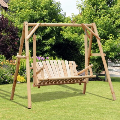 Outsunny 2-Seat Wooden Swing Bench, Ergonomic A-Frame, Natural