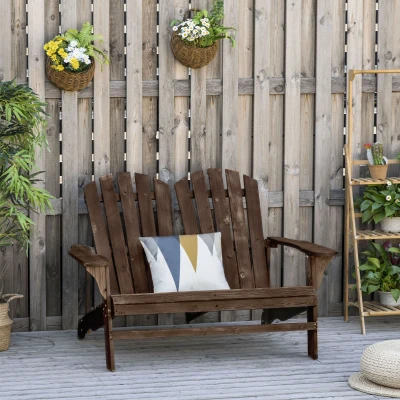 Outsunny Adirondack Loveseat, Ergonomic Wooden Chair for 2, Brown