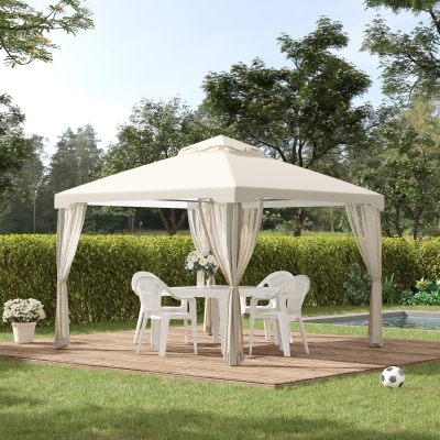 Outsunny 10' x 10' Patio Gazebo Outdoor Pavilion 2 Tire Roof Canopy Shelter Garden Event Party Tent Yard Sun Shade Steel Frame w/ Mosquito Netting Cream White