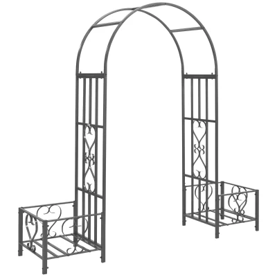 Outsunny 7FT Metal Garden Arch with 2 Planter Boxes, Decorative Outdoor Walkway Arbor for Climbing Vine Plants for Patio Backyard Lawn Party Ceremony, Dark Grey