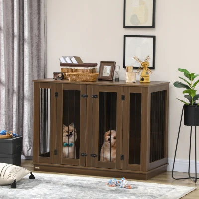 PawHut Dog Crate Side Table, 47" Indoor with Removable Divider, Walnut
