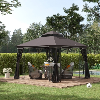 Outsunny 10'x10' Soft-top Patio Gazebo with Double Tier Roof, Mesh Curtains, Display Shelves, Top Hooks, Coffee