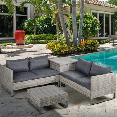 Outsunny 4 PCs Rattan Wicker Sofa Set, Outdoor with Storage Box