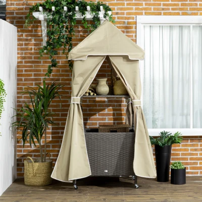 Outsunny Outdoor Towel Caddy, Rolling Wicker Storage Rack, Beige