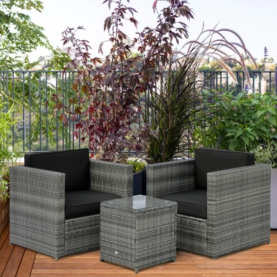 Outsunny Rattan Armchair Set with Glass Table, Black