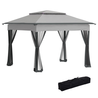 Outsunny 11' x 11' Pop Up Canopy, Outdoor Canopy Shelter Event Tent with 2-Tier Soft Top, Removable Zipper Netting, and Storage Bag, for Patio, Backyard, Garden, Light Grey