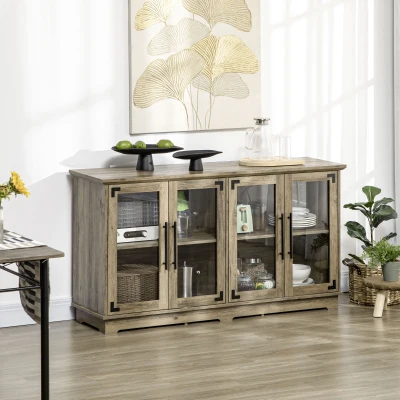 HOMCOM Farmhouse Buffet Cabinet, 4 Glass Doors, Distressed Gray