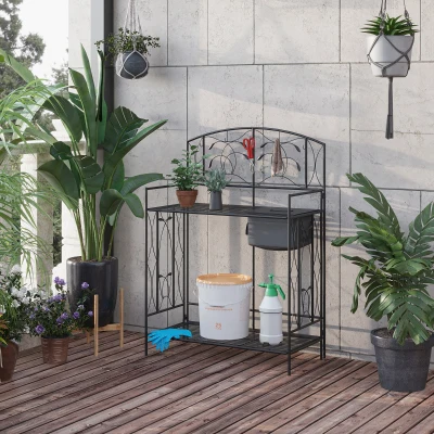 Outsunny Folding Potting Bench Table, Metal Garden Workstation