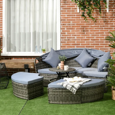 Outsunny 4-Piece Round Rattan Daybed Set, Light Gray