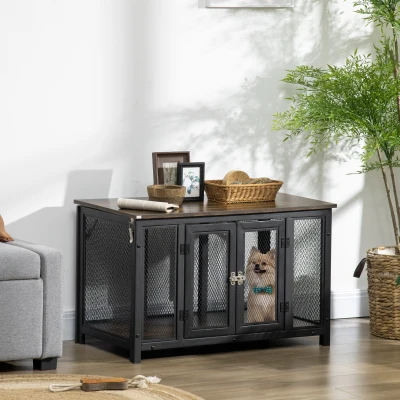 PawHut Dog Crate End Table, Openable Top, Brown/Black